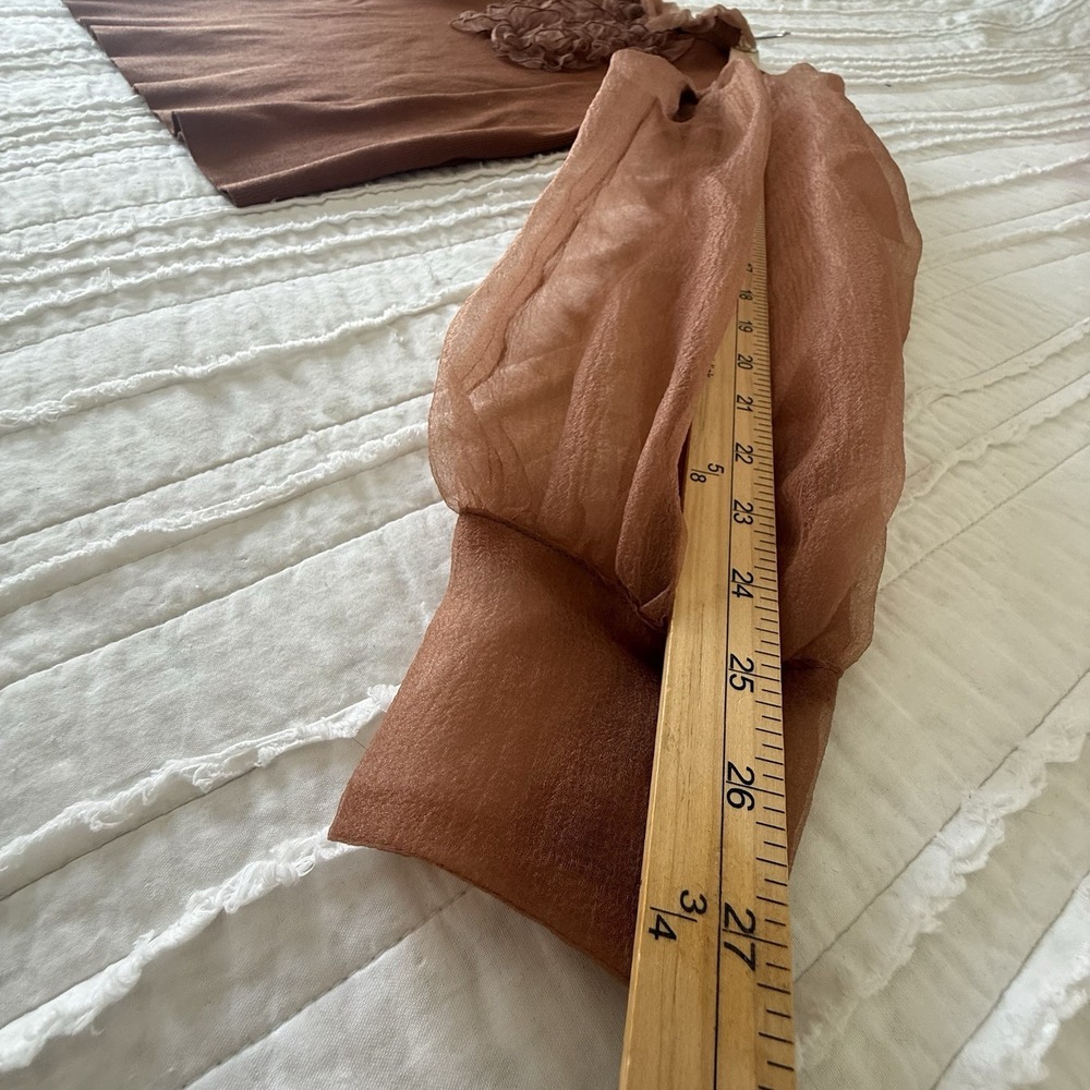 ZARA Brown/Taupe Top Organza Ruffle Woman M Poet Pirate Career Steam punk - Picture 11 of 13